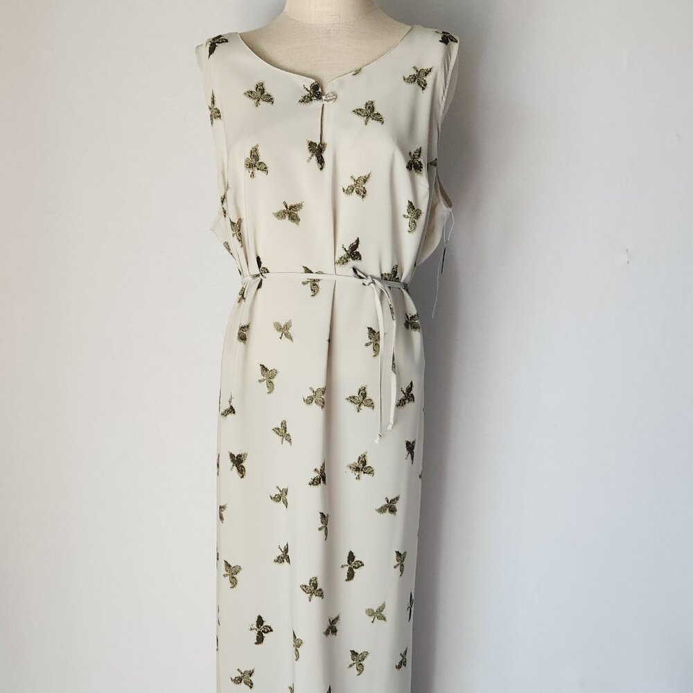 NWT Spago Leaf Printed Maxi Dress Tie-Waist Sleeveless Green Chiffon